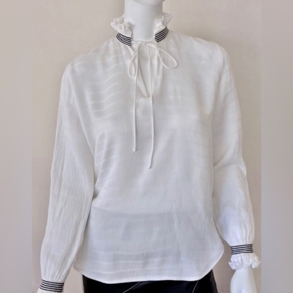 Sandro white viscose top w/grosgrain ribbon & ruffle collar & wrist